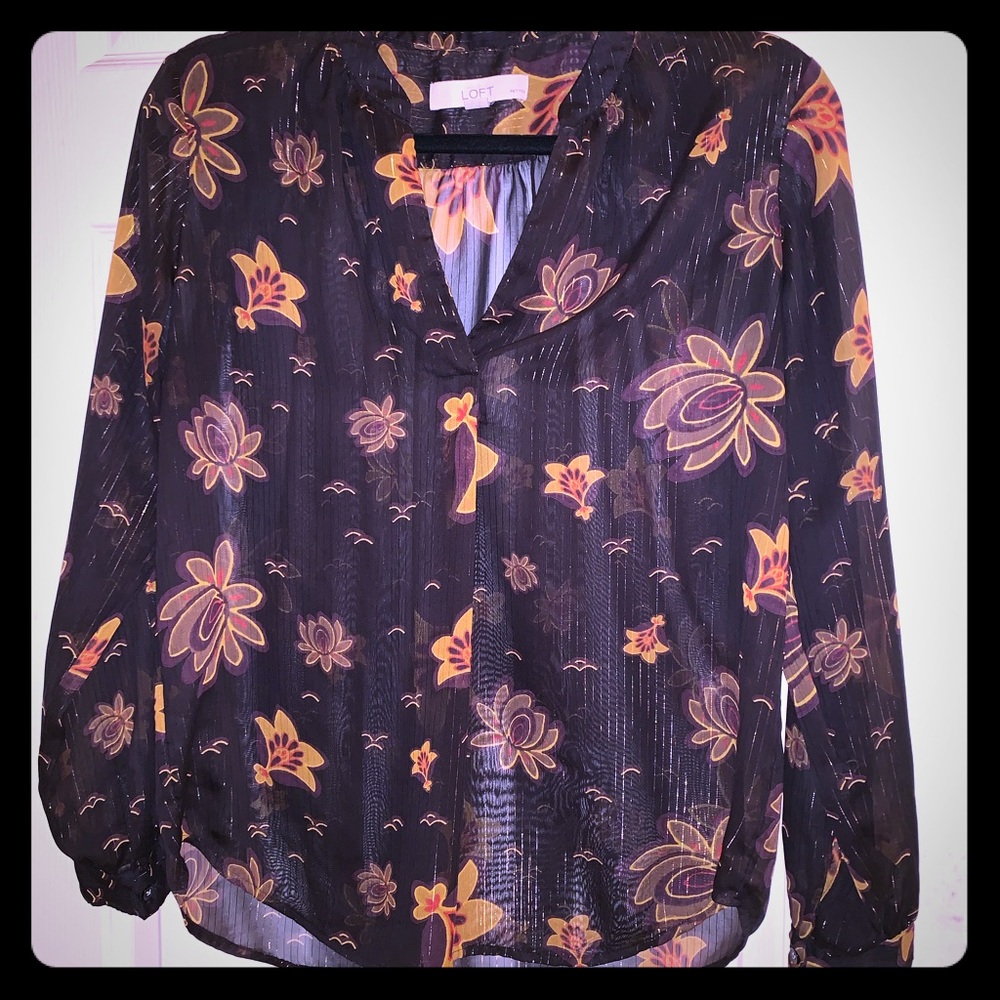 Loft Petite sheer shimmer long sleeve blouse